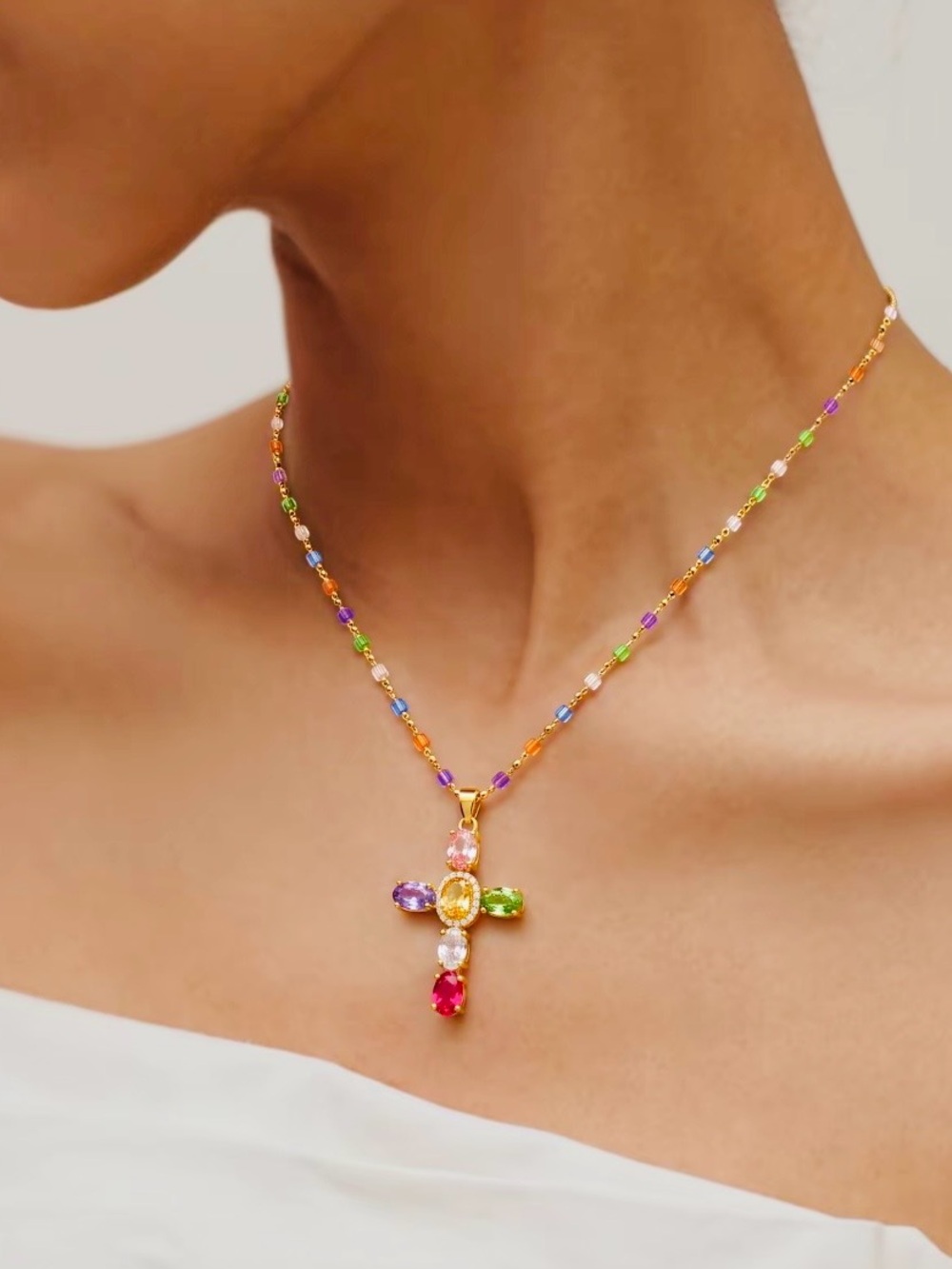 Multicolor Crystal Cross Pendant Necklace - 14 karat, gold plated
